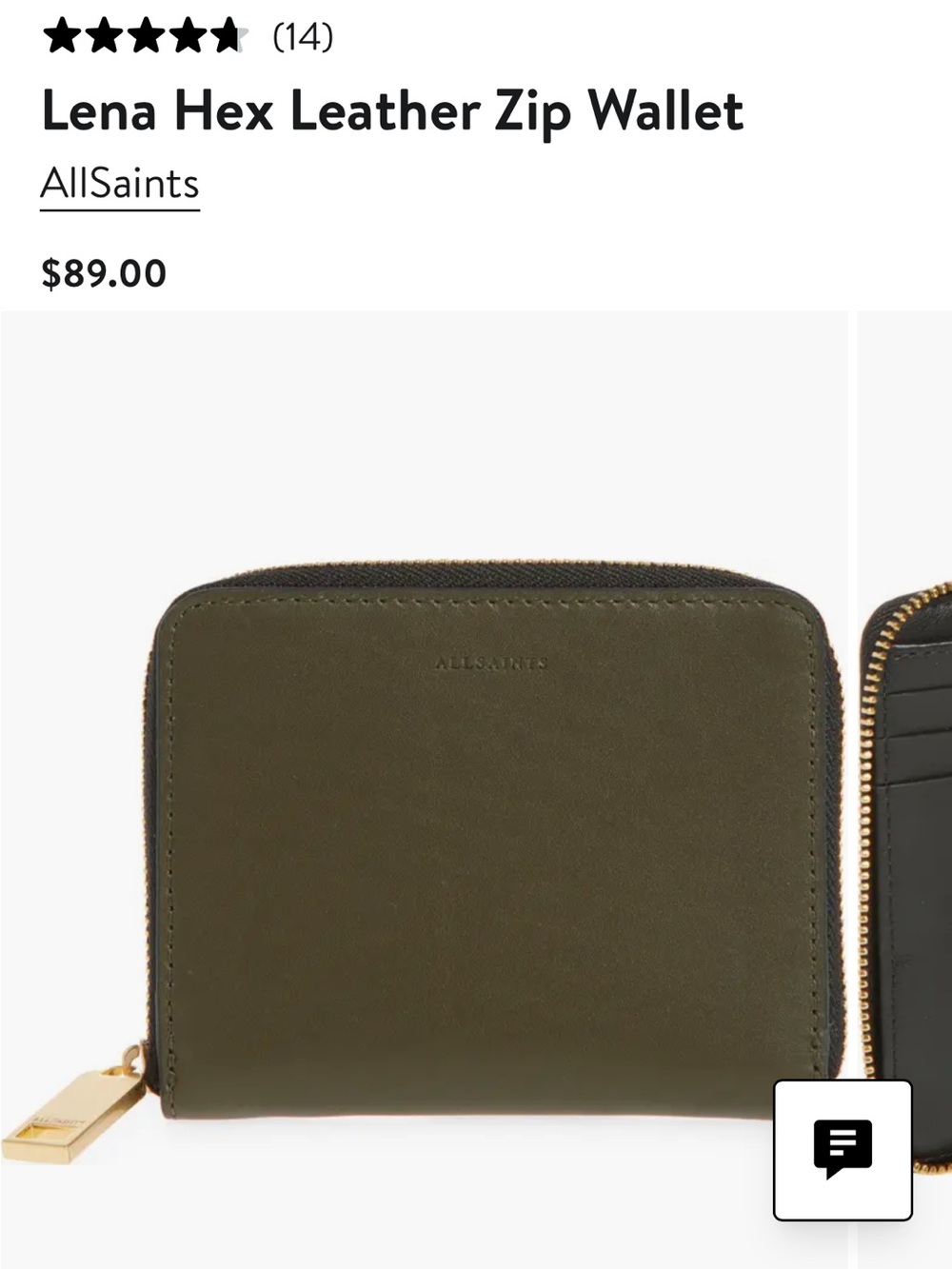 AllSaints Olive Leather Zip Wallet with Gold Zip - Picture 2 of 5